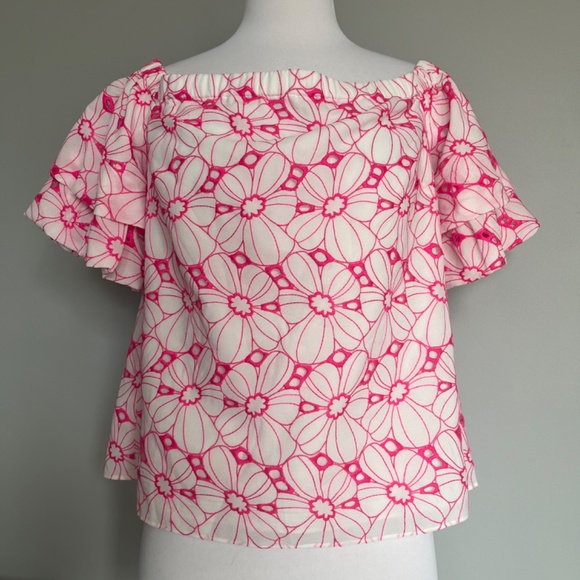 Lilly Pulitzer Razberry Botanical Chiffon Eyelet Lesley Off the Shoulder Blouse - Picture 4 of 11